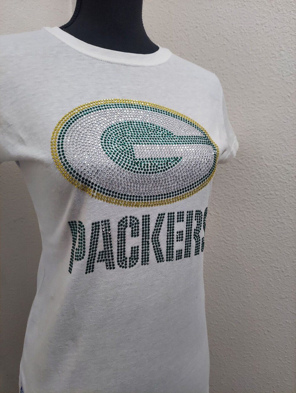 Green Bay Packers White Rhinestone Logo Tee